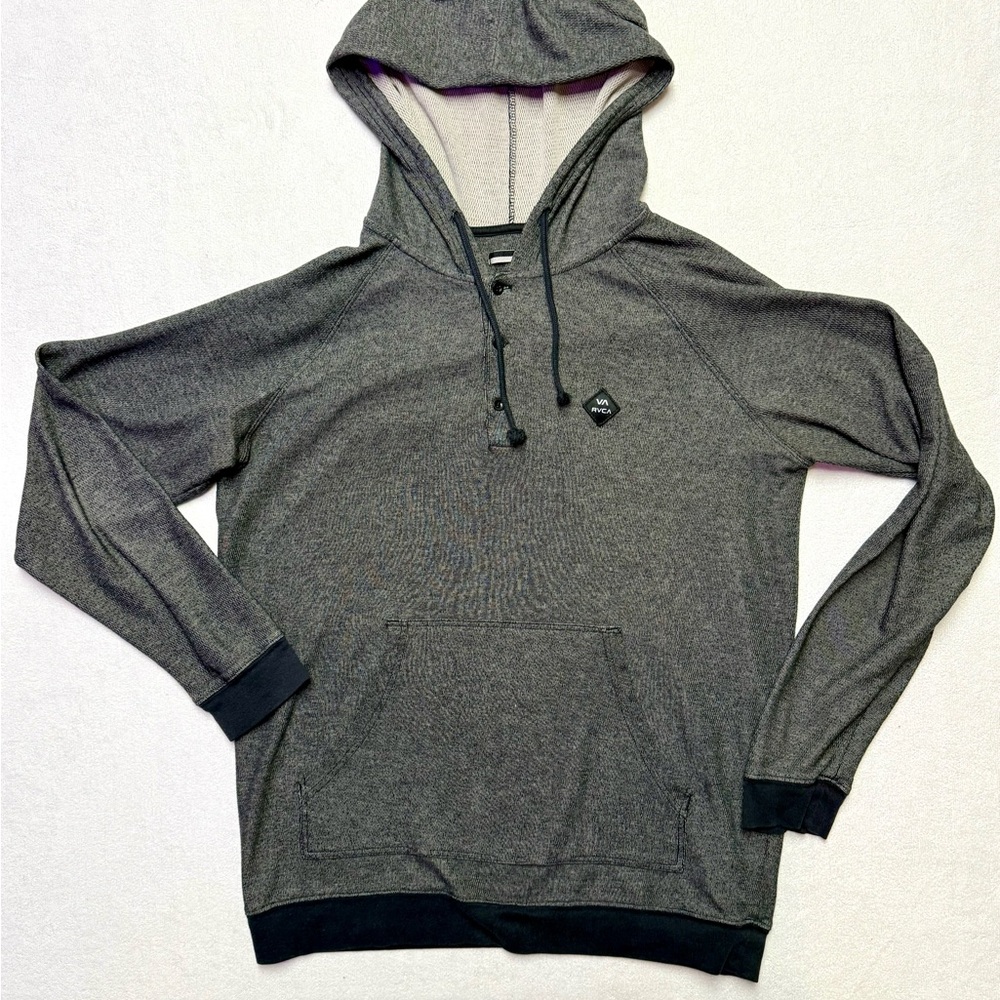 RVCA Men's Gray Black Pullover Hoodie with Kangaroo Pocket